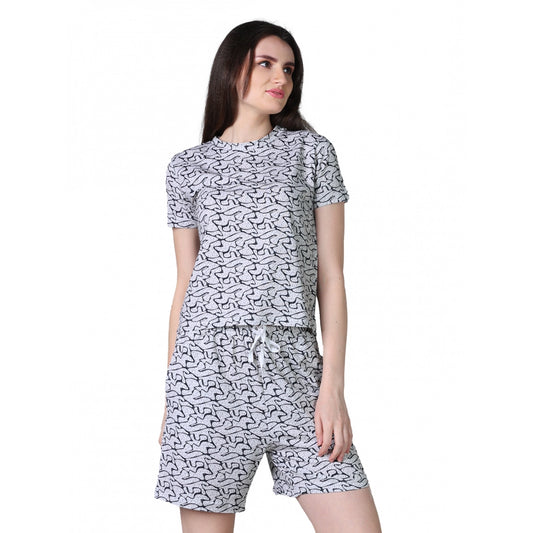 Generic Women's Cotton Blended Printed Round Neck Half Sleeve Top - Shorts Set (Off_White)