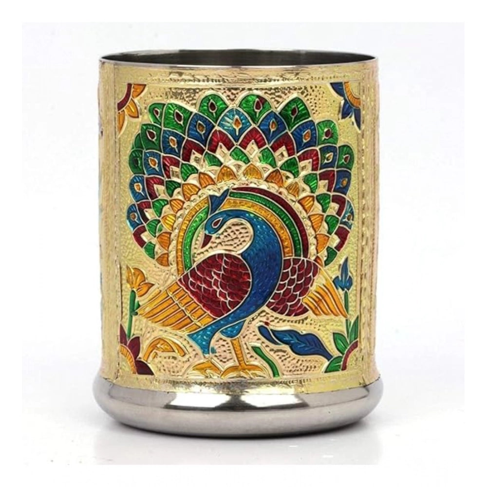 Generic Steel Meenakari Peacock Design Decorative Glass Set (Gold)