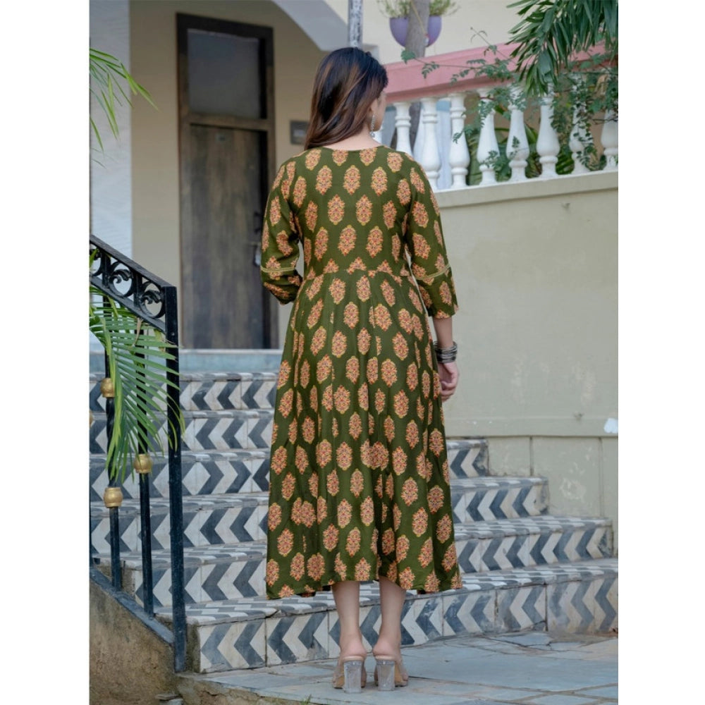 Generic Women's Rayon Print With Embroidery Work A-Line Kurti (Dark Green)