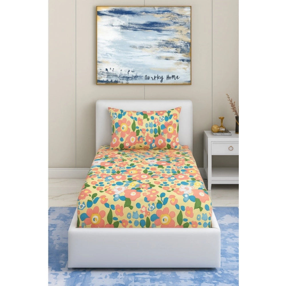 Generic Cotton Blend Floral Printed Single Bedsheet with 1 Pillow Cover (Yellow)