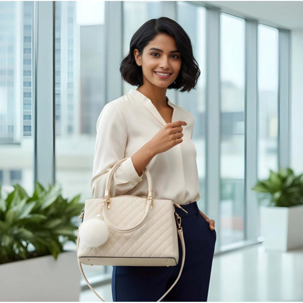 Generic Women's PU Leather Solid Shoulder Zipper Handbag (Cream)